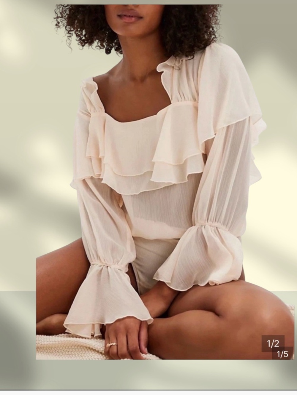 FREE PEOPLE GIVE ME DRAMA LONG SLEEVE RUFFLED CHIFFON BODYSUIT IVORY PEACH
